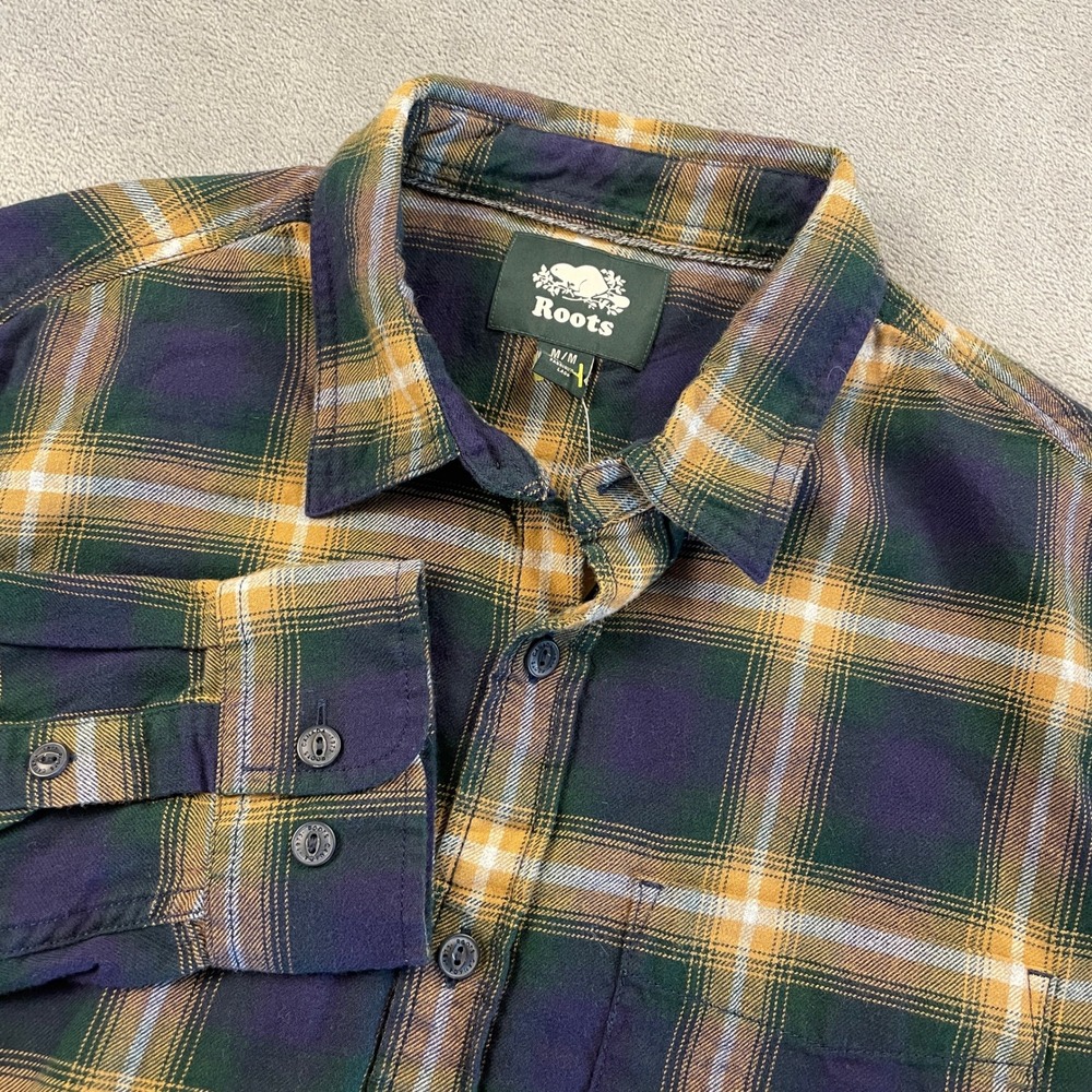 NEW Roots Manning Flannel Shirt Men's Medium Green Shadow Plaid Organic Cotton